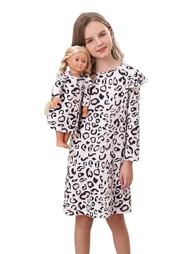 Bow Dream Toddler Girls Casual Dress and Matching American Girl Doll Clothes for Girls Cute Kids Dress Party Birthday Leopard - Image 1