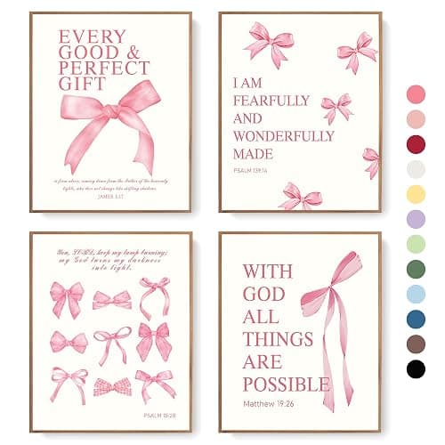 LARTSFRO Coquette Pink Bow Christian Wall Art Decor Posters, Pink Bow Christian Bathroom Room Bedroom Dorm Wall Art Decor Aesthetic for College Teen Girls Gifts,Inspirational Bible Verses Bow Wall Decor, 10x8 Inch Set of 4 Bow Pictures(UNFRAMED) - Image 1