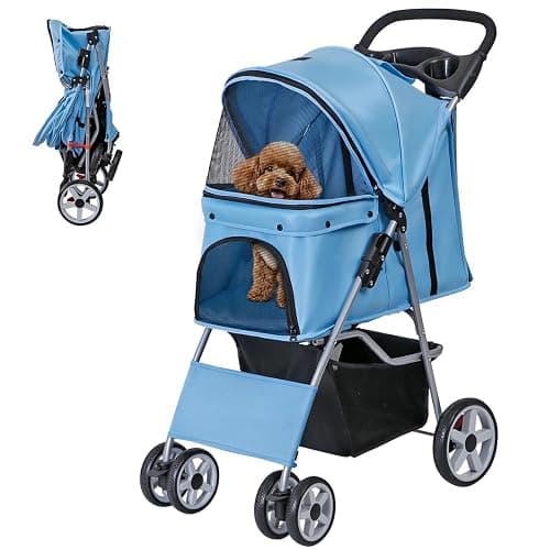 ZENY Foldable Pet Stroller, Cat/Dog Stroller with 4 Wheel, Pet Travel Carrier Strolling Cart with Storage Basket, Cup Holder (Blue) - Image 1