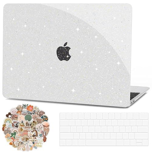 G JGOO Compatible with MacBook Air 13 Inch Case 2022 2021 2020 2019 2018 Release M1 A2337 A2179 A1932 Touch ID, Clear Glitter Plastic Hard Shell Case + Keyboard Cover +50 Pcs Laptop Sticker, Sparkly - Image 1
