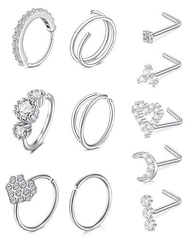 MODRSA 20g Nose Rings Hoops Nose Studs for Women Surgical Steel Hypoallergenic 20 Gauge Nostril Piercing Jewelry L Shape Crokscrew Silver Rose Gold Black Hoop Nostril Rings for Men - Image 1