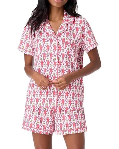 HMPEAIIY Women Y2k Pajamas Set Cute Preppy 2PCS Button Down Holiday Monkey Shorts Summer Outfit Beach Vacation Loungewear Pjs - Image 1
