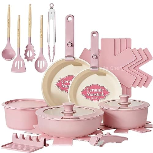 Umite Chef Pots and Pans Set Non Stick, 21 pcs Nonstick Ceramic Cookware Set, RV Kitchen Cooking Set with Detachable Handles, Oven Safe, Induction Cookware, Stackable, Pink, PFAS PFOA & PTFE Free - Image 1