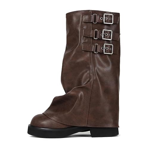 CAGLGLZ Mid Calf Slouchy Boots for Women Square Toe Fold Over Motorcycle Riding Boots With Buckle Wide Calf Casual Comfortable Moto Biker Shoes - Image 1