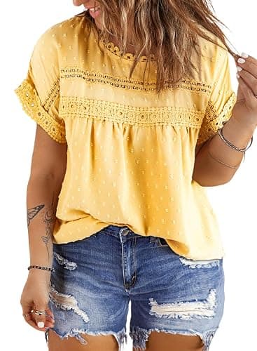 Eytino Womens Plus Size Tops Short Sleeve Crewneck Boho Chiffon Blouses | Dressy Casual Shirts,Lace Crochet,Cute Swiss Dot,Loose Fit,Summer Beach Vacation Clothes,Trendy Fashion Outfits - Image 1