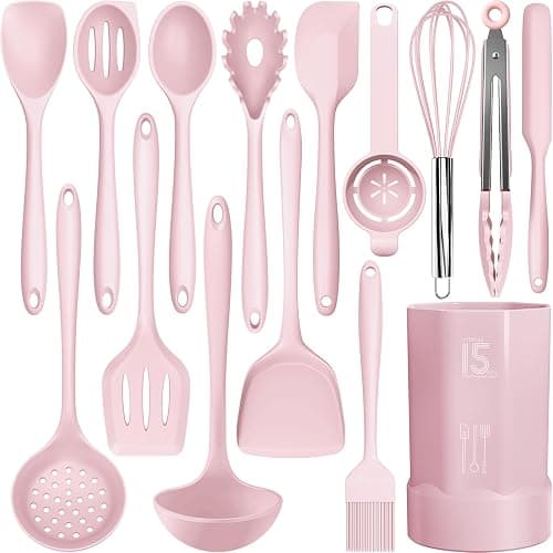 Silicone Cooking Utensils Set - 446°F Heat Resistant Kitchen Utensils,Turner Tongs,Spatula,Spoon,Brush,Whisk,Kitchen Utensil Gadgets Tools Set for Nonstick Cookware,Dishwasher Safe BPA Free(Pink) - Pink - Image 1
