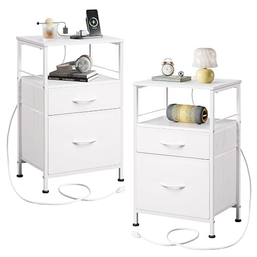 WLIVE Night Stand Set 2, White Nightstand with Charging Station, Nightstands for Bedroom Set of 2, Bedside Tables, Side Table with 2 Fabric Drawers, Small Dresser with USB Ports and Outlets - Image 1