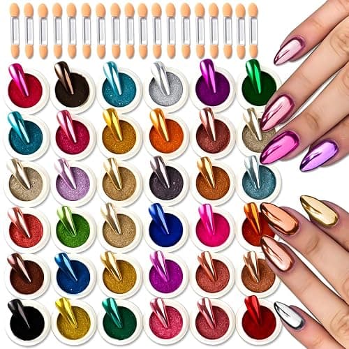 36 Jars Chrome Nail Powder Kit, Metallic Mirror Chrome Powder Pigment for Gel Nails, Holographic Mirror Glitter Rub Dust Set for Nail Art Decoration Home DIY Salon Use - Image 1