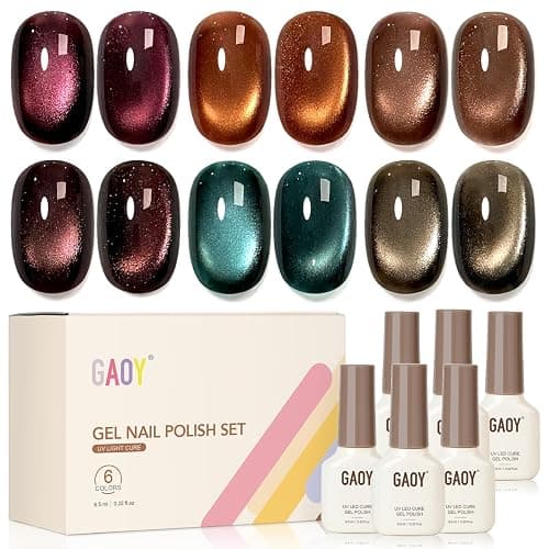GAOY Glitter Cat Eye Gel Nail Polish Set with Magnet, 6 Colors Brown Green Purple Gold, Holographic Shimmer UV Soak Off Gel Polish for Salon & DIY Nail Art - Image 1