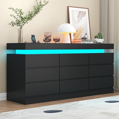 Gyfimoie 9 Drawer Dresser with Power Outlet, Dresser with LED Light, Modern Chest of Drawers for Closet, Double Wide Drawer Organizer Cabinet for Bedroom, Living Room (Black, 9 Drawers) - Image 1