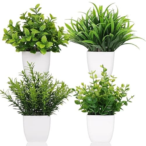 Yoratee 4 Pot Small Fake Plant Flowerpot Artificial Plastic Eucalyptus Plant Wheat Grass Shrub Plant Indoor Desk Coffee Table Bathroom Bedroom Home Decoration (4) - Image 1