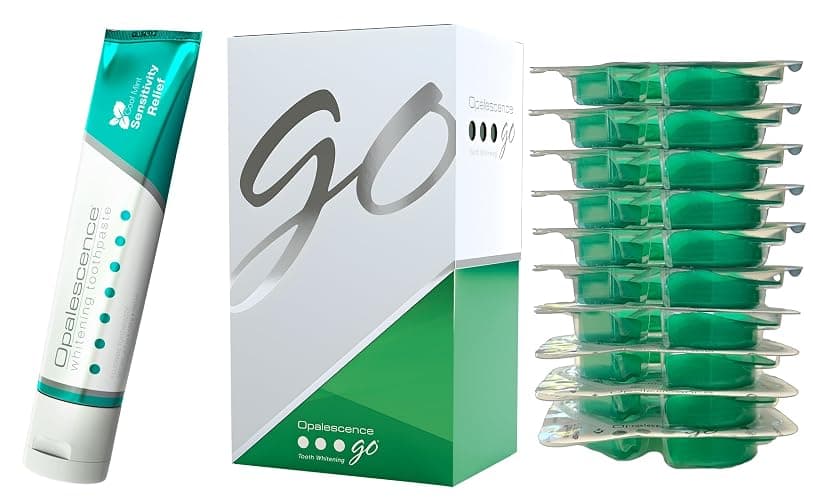 Opalescence GO Teeth Whitening Prefilled Trays with Sensitive Toothpaste Bundle (10 Trearments) 15% Hydrogen Peroxide Gel Plus Opalescence Whitening Toothpaste 4.7 Onz - Mint Flavor- 5194-5167 - Image 1