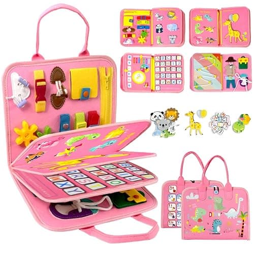 Qizfun Toddler Busy Board Montessori Toys – Sensory Busy Book, Educational Learning Travel Toy for Airplane & Car, Keeps Toddlers Engaged, Birthday Gifts for Toddler Girls - Image 1