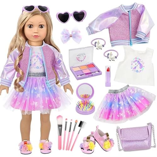 ZQDOLL American 18 Inch Doll Makeup Accessories and Clothes Set (No Dolls) | Includes Clothes and Shoes Bag Makeup Brush Set Foldable Haircomb Eyeshadow Lipstick Bow Hair Clip Sunglasses Hair Rope - Image 1