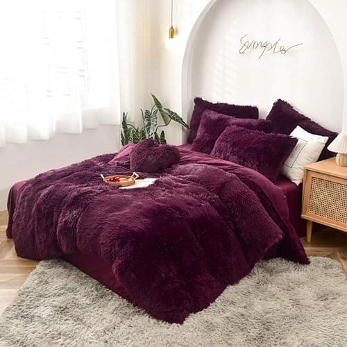 MorroMorn 5 PCS Shaggy Duvet Cover Bedding Set - Fluffy Comforter Cover Long Faux Fur Luxury Ultra Soft Cozy (Maroon, King/California King) - Image 1