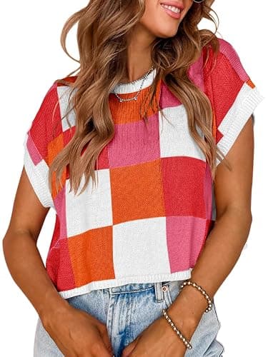Saodimallsu Womens Cap Sleeve Crop Tops Summer Color Block Going Out Crew Neck Knit Trendy Casual Sweater - Image 1