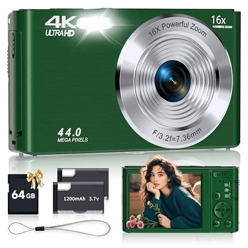 Digital Camera, FHD 4K 44MP Autofocus Compact Digital Cameras for Teens, Green Point and Shoot Camera for Kids with 16X Zoom, 64GB SD Card, Small Digital Camera for Boys Girls Teens Kids Gift - Image 1