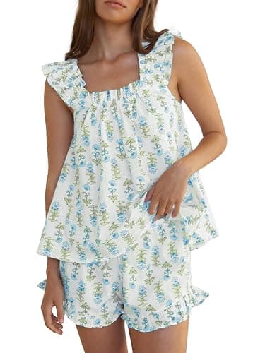Farktop Womens Floral Print Pajama Sets Ruffle Trim Cami and Casual Shorts 2 Piece Lounge Set PJ - Small - Blue Green - Image 1