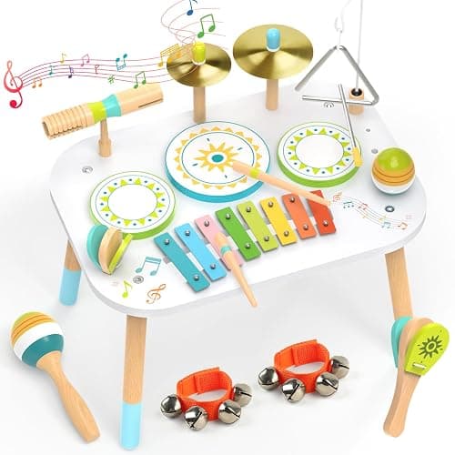 12-in-1 Drum Set for Toddlers 1-3,Baby Musical Instruments Table ,Wooden Montessori Toys with Xylophone,Bongo Drums,Cymbals,Maracas & Wrist Bells,Birthday Gift for 1 2 3 Year Old Boy Girls - Image 1