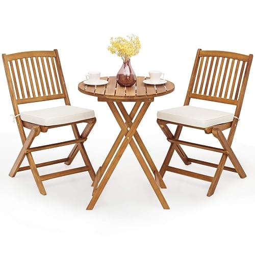 Giantex 3Pcs Patio Bistro Set, Wood Folding Table Set, 2 Cushioned Chairs for Garden Yard, Outdoor Furniture Round Table (Natural & Beige) - Image 1