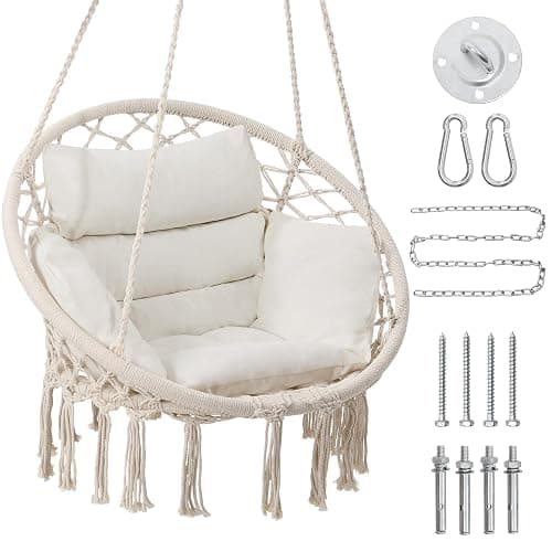 KROFEM Macrame Hammock Hanging Swinging Chair with Medium Cushion, Perfect for Bedroom, Porch, Adults, Balcony, Beige - Image 1