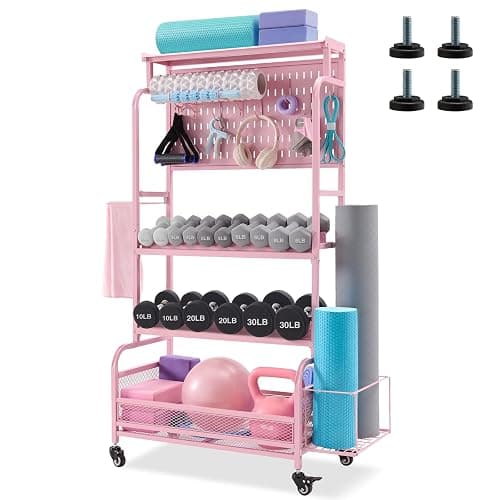 56'' Taller Home Gym Storage Organizer, Yoga Mat Storage Rack with Hanging Board, Exercise Workout Equipment Storage Stand for Home Gym, Dumbbell Holder Kettlebell Rack with Wheels and Hooks - Image 1