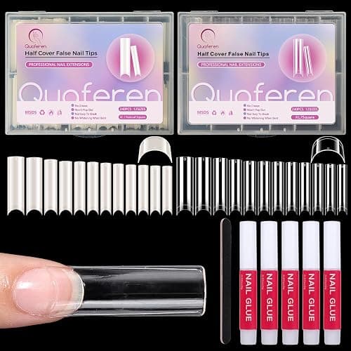 480PCS Extra Long C Curve Nail Tips and Glue, 2 Packs Natural and Clear Acrylic for Nails Professional Set, 12 Sizes Artificial Straight Square French False Nail Tips - Image 1