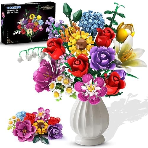PLAXSOON Flower Bouquet Building Set, 18 Flowers Rose Building Block, 1065 PCS Botanical Collection Building Block Toy Plant Home Decor, Gift for Her Adults Women Kids Boys Girls 12+ - Image 1