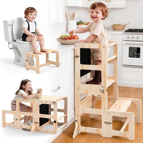 Toddler Kitchen Step Stool, 4-in-1 Foldable Standing Tower with Blackboard, Toddler Step Stool for Bathroom Sink, Kitchen Counter, Ages 18 Months+, 1-3 Year Old Boy Girl Gifts - Image 1