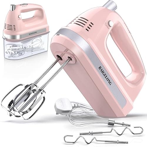 BAIGELONG Hand Electric Mixer, 300W Ultra Power Food Kitchen Mixer with 5 Self-Control Speeds + Turbo Boost, 5 Stainless Steel Attachments Handheld Blender for Baking, PINK - Image 1