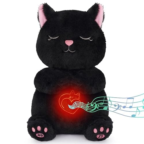 Prewplam Breathing Stuffed Animal - Black Cat Plush Baby Toy, Soothing Sound Machine with Realistic Breathing Motion and Lights, Sleeping Plushies Gifts for Anxiety Adults and Kids - Image 1