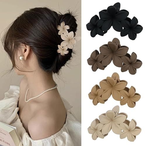 ANBALA 4PCS Hawaiian Plumeria Flower Hair Clips - Large Non-Slip Matte Claw Clips for Women, Strong Hold Beach Hair Accessories - Image 1