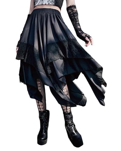 MATSUMIZUYU Flowy Gothic Punk Y2K Lace Midi Skirts for Women Medieval Steampunk Goth Layered Asymmetrical A-Line Skirt - Image 1