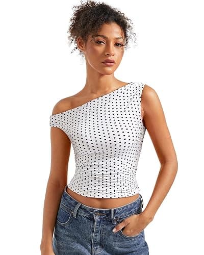 SUUKSESS Women Off Shoulder Tops Sleeveless Shirts Y2K Going Out Crop Tank Top - Medium - Polka Dots - Image 1