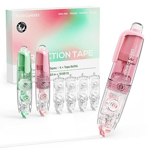 Four Candies 2-Pack White Correction Tape with 4 Refill Tapes, 118.1 ft, 6mm Width, Refillable Retractable Smooth Tear-Resistant Tape, Pen Shaped Applicator for School Teen & Adults (Pink Green) - Image 1