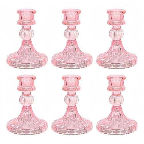 ECHFSM Glass Candlestick Holder,Striped Taper Candle Holders,Set of 6 Candle Stand for Table Centerpieces, Home Decor,Weddings,Festival and Parties (Pink Stripe Pattern) - Image 1