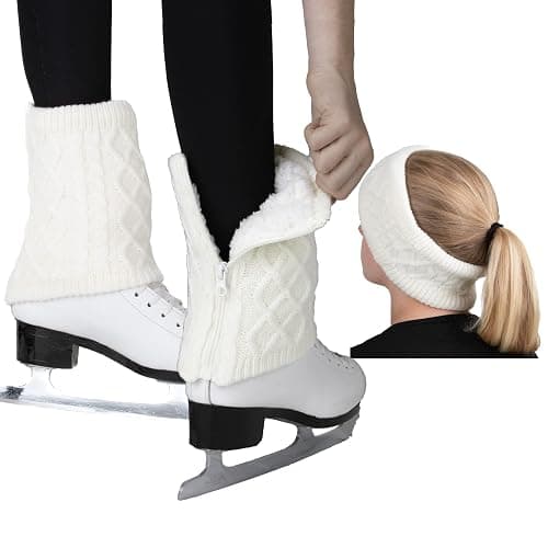 CRS Cross Leg Warmers and Headband Set for Figure Skating with Zipper. Fleece Lined Knit Keeps Legs Warm-Ice Skate Dance - Image 1