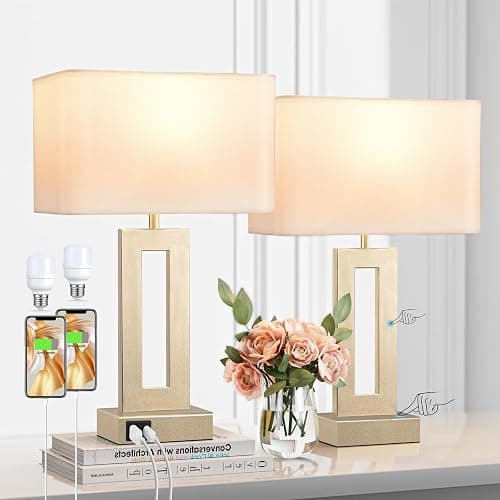 Bedroom Table Lamps Set of 2 - Touch Bedside Lamps with USB C+A, 3 Way Dimmable Gold Lamp for Nightstand, Modern Night Stands Lamps for Living Room End Tables Desk Bed Side Study Room(16.4n) - Medium(16.4in) - A. White&Gold - Image 1
