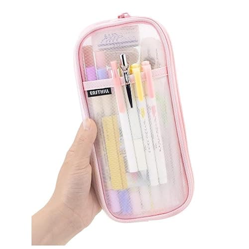 EASTHILL Grid Mesh Pen Pencil Case with Zipper Clear Makeup Color Pouch Cosmetics Bag Multi-Purpose Travel School Teen Girls and Boys Transparent Stationary Bag Office Organizer Box for Adluts(Pink) - Image 1