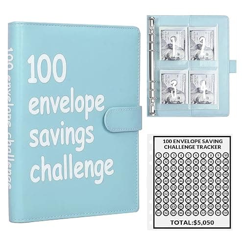 AASLOB 100 Envelopes Money Saving Challenge, 100 Envelope Challenge Binder, Easy and Fun Way to Save $5,050, Savings Challenges Budget Book Binder with Cash Envelopes for Office,Home,School (Blue) - Image 1