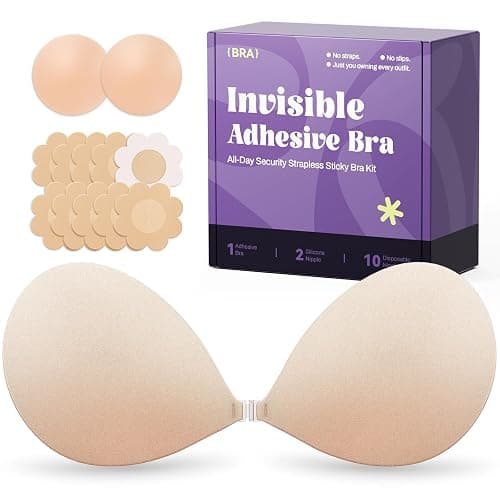Invisible Strapless Sticky Bra Push up for Women, Ultra Adhesive Bra for Backless Dress, Cleavage Bra Lift Novelty Bras (B Cup, Light Beige) - Image 1