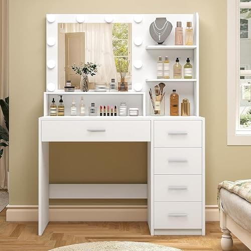Quimoo Makeup Vanity Desk with Mirror & Lights, Vanity Desk with 5 Drawers & Storage Shelves, Vanity Table, 3 Color Modes & Adjustable Brightness Dressing Table, Bedroom - White - Image 1