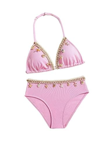 OYOANGLE Girl's Two Piece Braided Shell Trim Bikini Sets Halter Triangle Top High Waist Hipster Swimsuits - Image 1