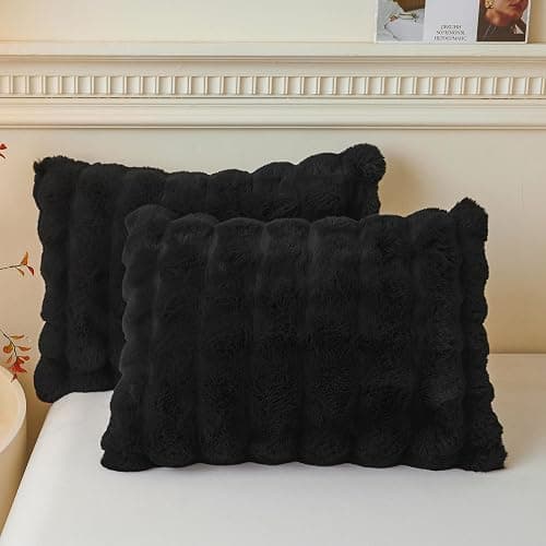 LIFEREVO 2 Pack Fluffy Faux Rabbit Fur Pillow Cases, Luxury Soft Plush Shaggy Bubble Pillowcases Standard Size with Zipper Closure, Furry Fuzzy Long Pillow Shams for Bedroom Living Room 20x26, Black - Image 1