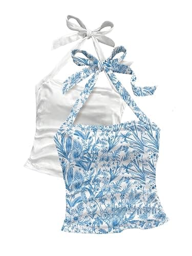 Floerns Women's 2 Pack Boho Floral Halter Tops Going Out Crop Tank Tops Vacation Cute Summer Tops Date Outfits - Image 1