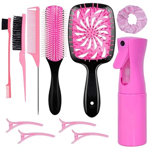 11 Pcs Hair Brush Set, Detangle Hair Brush And Spray Bottle, 3 Pieces Smooth Hairbrush For Toddlers, Suitable For Wet and Dry Hairstyles, Suitable For Adults And Children. (Pink) - Image 1