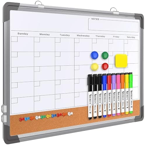 Monthly Calendar Whiteboard Dry Erase Cork Board Combination for Wall, 17"x13" Magnetic Dry Erase Board, Double-Sided White Board, Portable Board for Office, Kitchen, Planning, Memo, School, Home - Image 1