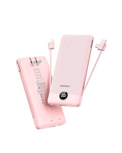 VEGER Portable Charger with Built-in AC Plug and Cables, All in One 10000mAh Ultra Slim Power Bank Travel Essentials, Fast Charging Battery Pack Compatible with iPhone, Samsung, Android (Crepe) - Image 1