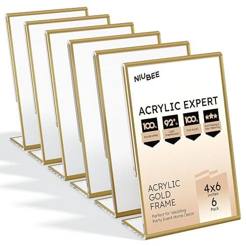 NIUBEE 6 Pack 4 x 6 Acrylic Gold Frame, Slanted Back Table Sign Holder for Wedding Table Numbers, Restaurant Signs | Slant Back, Gold Trim, Display Table Numbers, Photos Signable, For Wedding, Party, Event, Restaurant - Image 1