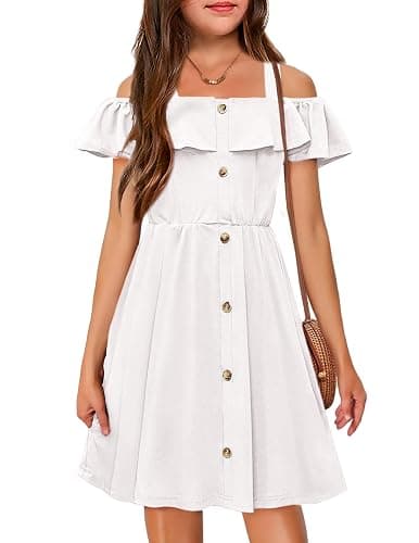 Arshiner Girls Dresses Summer Spaghetti Strap Cold Shoulder Ruffle Button Down A Line Dresses - 11-12 Years - White - Image 1